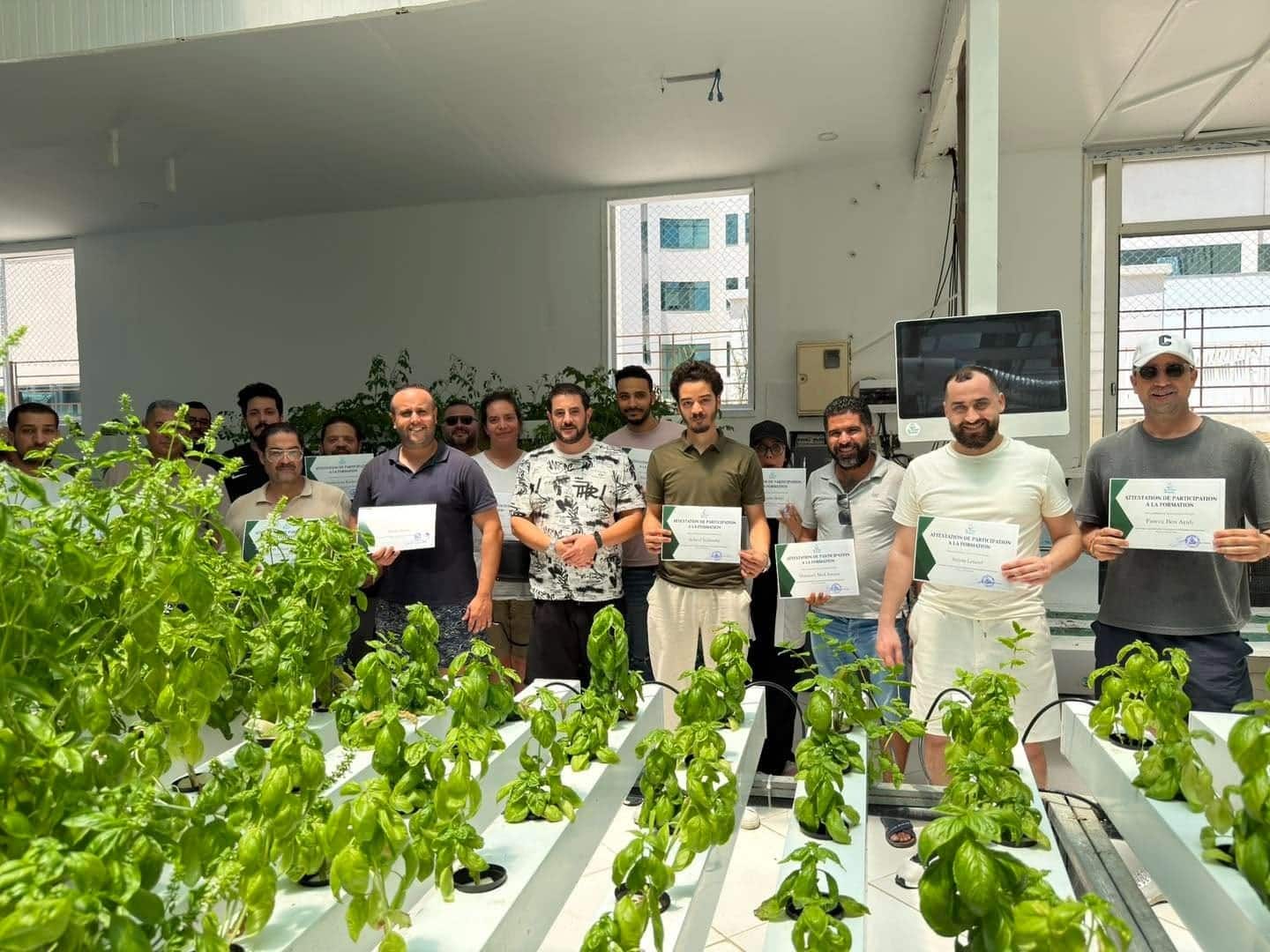 Participants d'une formation entourés de cultures hydroponiques en production